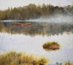 Maalattu maisema, soutuvene järvellä, sumua metsässä.
