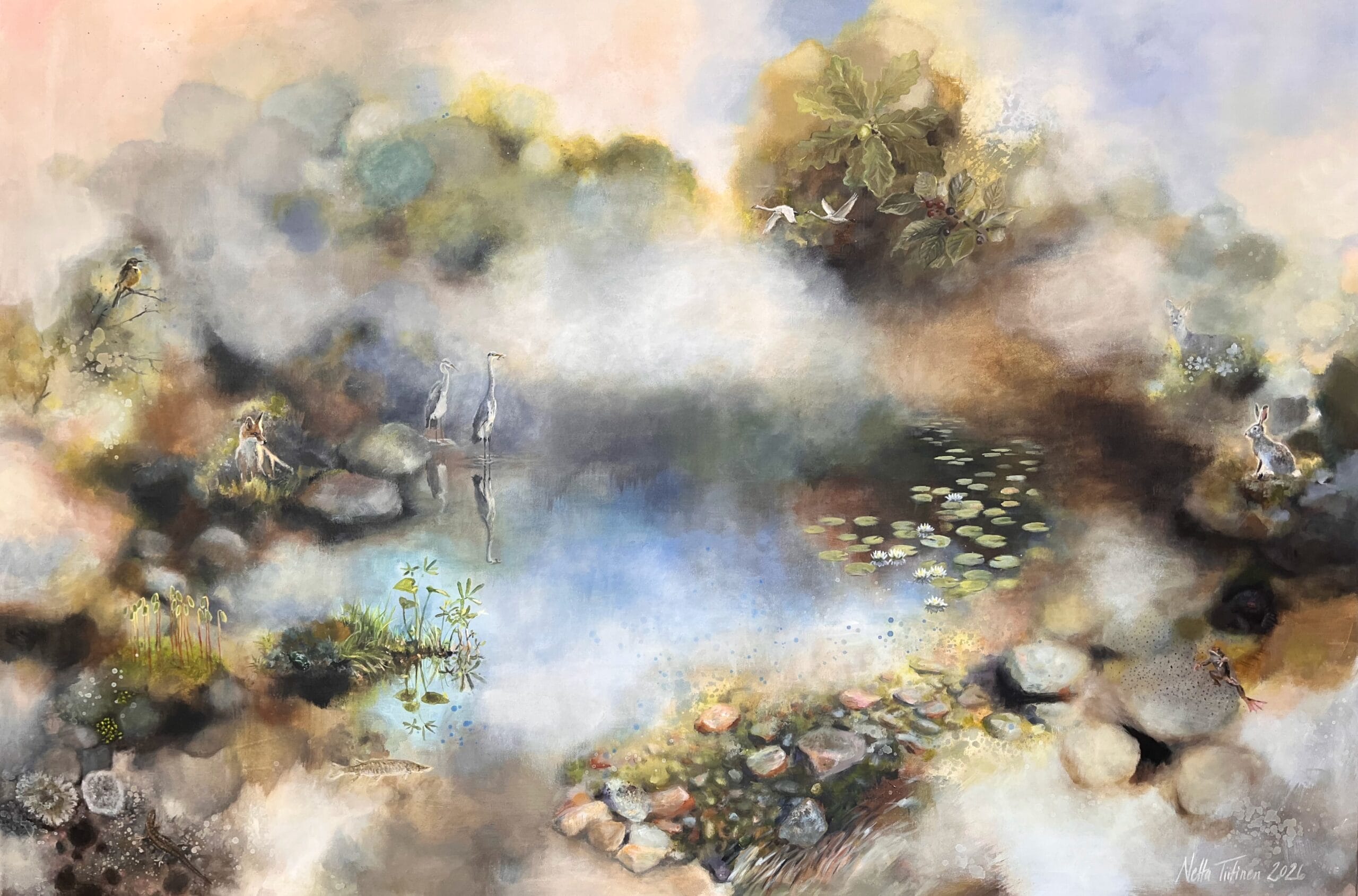 Sumea, värikäs maisema lammen ja eläinten kera.