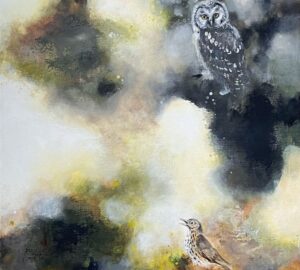 Akvarellimaalaus linnuista sumuisessa metsässä