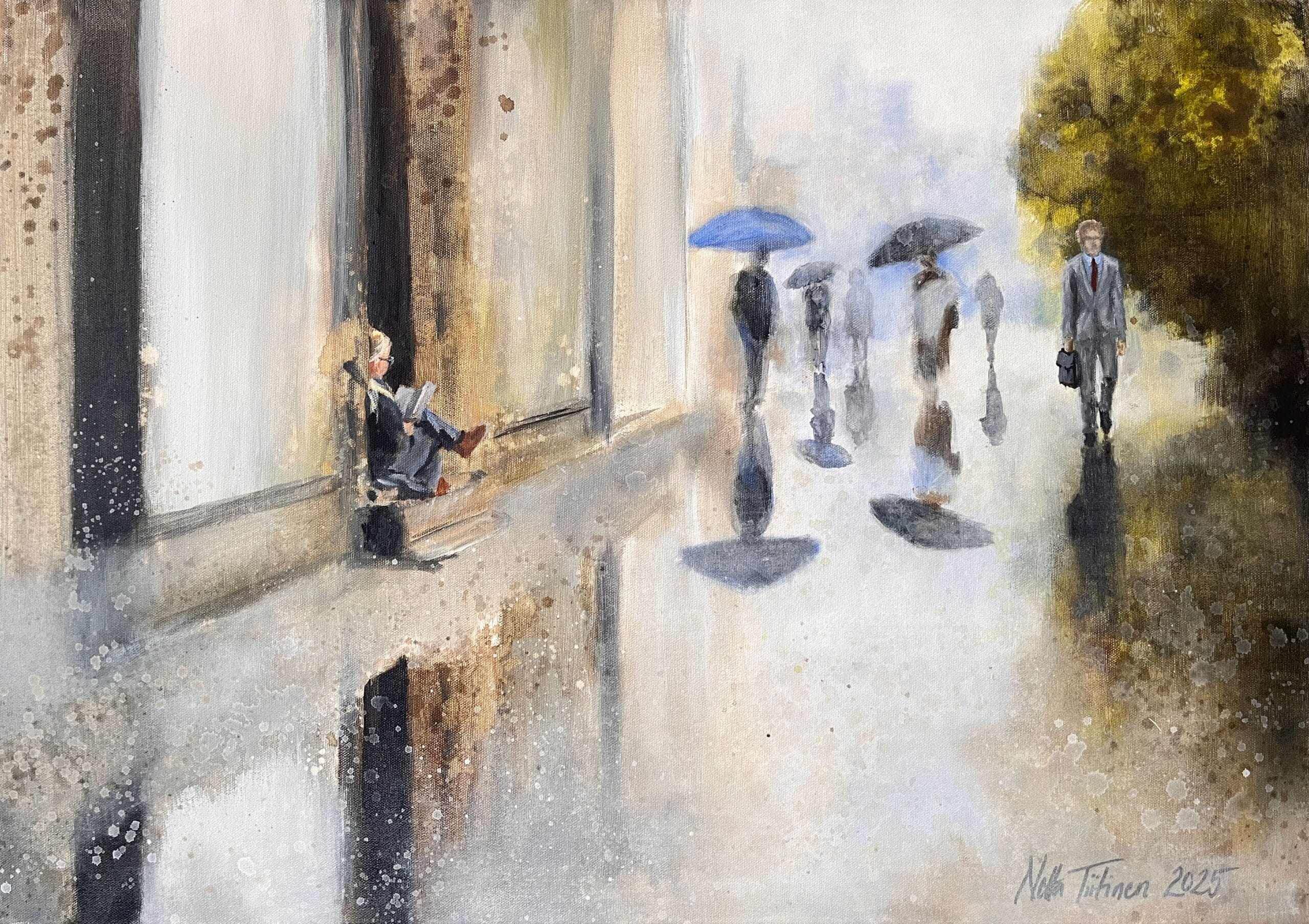 Maalaus: Ihmiset sateessa, henkilö lukee sisällä.