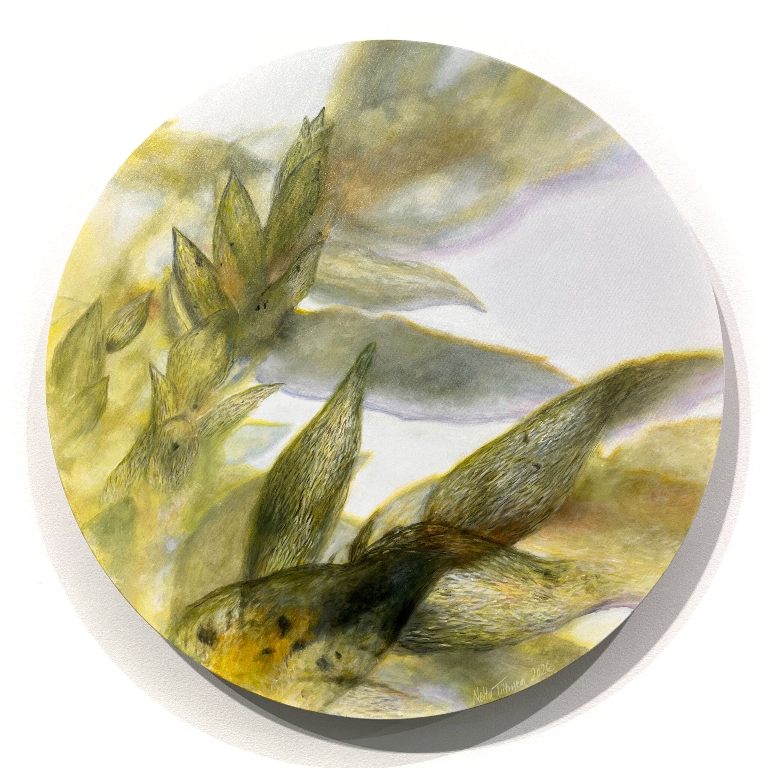 Abstrakti kasviaiheinen maalaus pyöreässä muodossa.