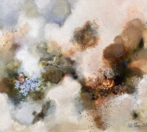 Maalaus linnusta, oravasta ja kukista.