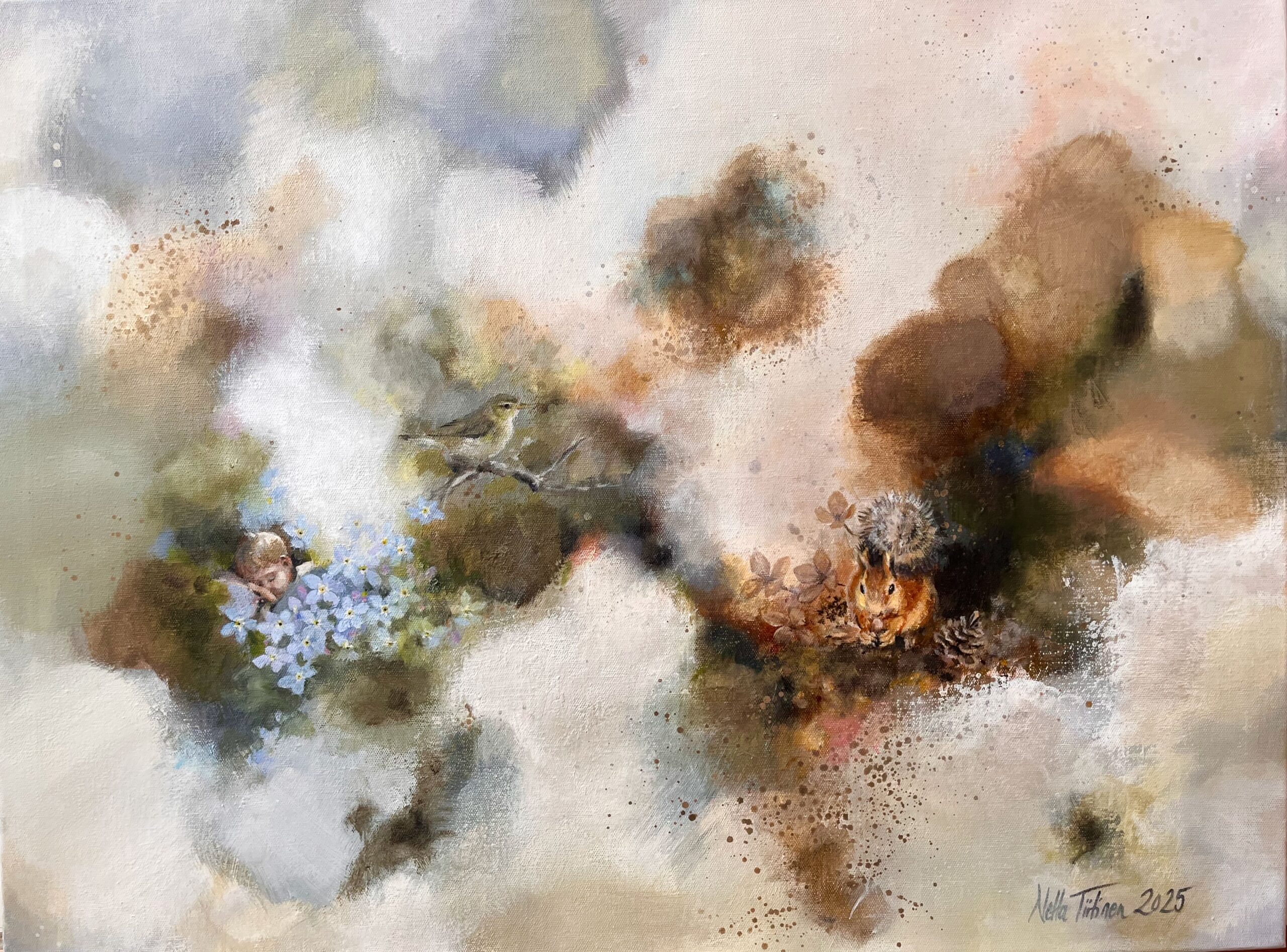 Maalaus linnusta, oravasta ja kukista.