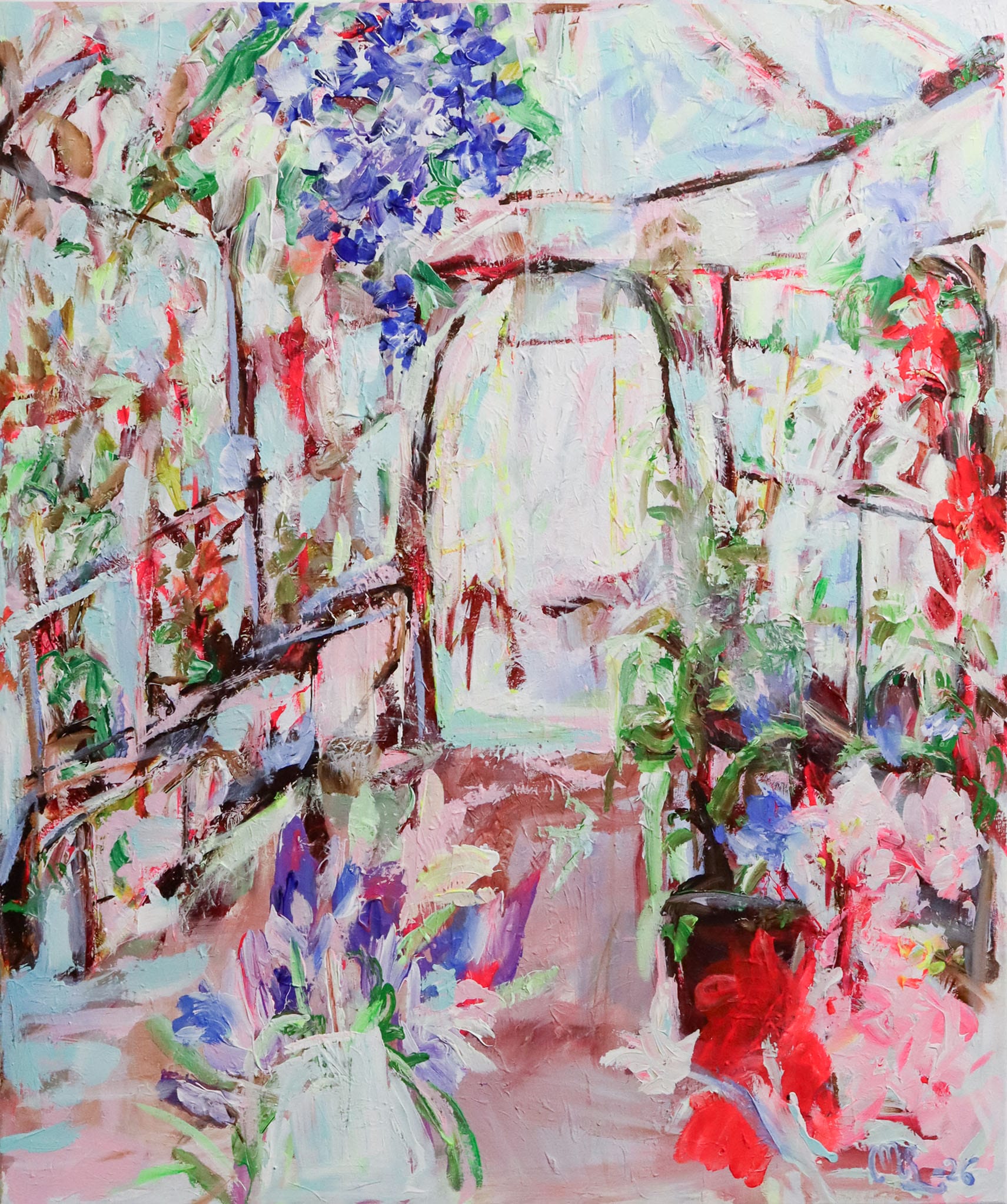 Värikäs puutarha maalaus kukilla