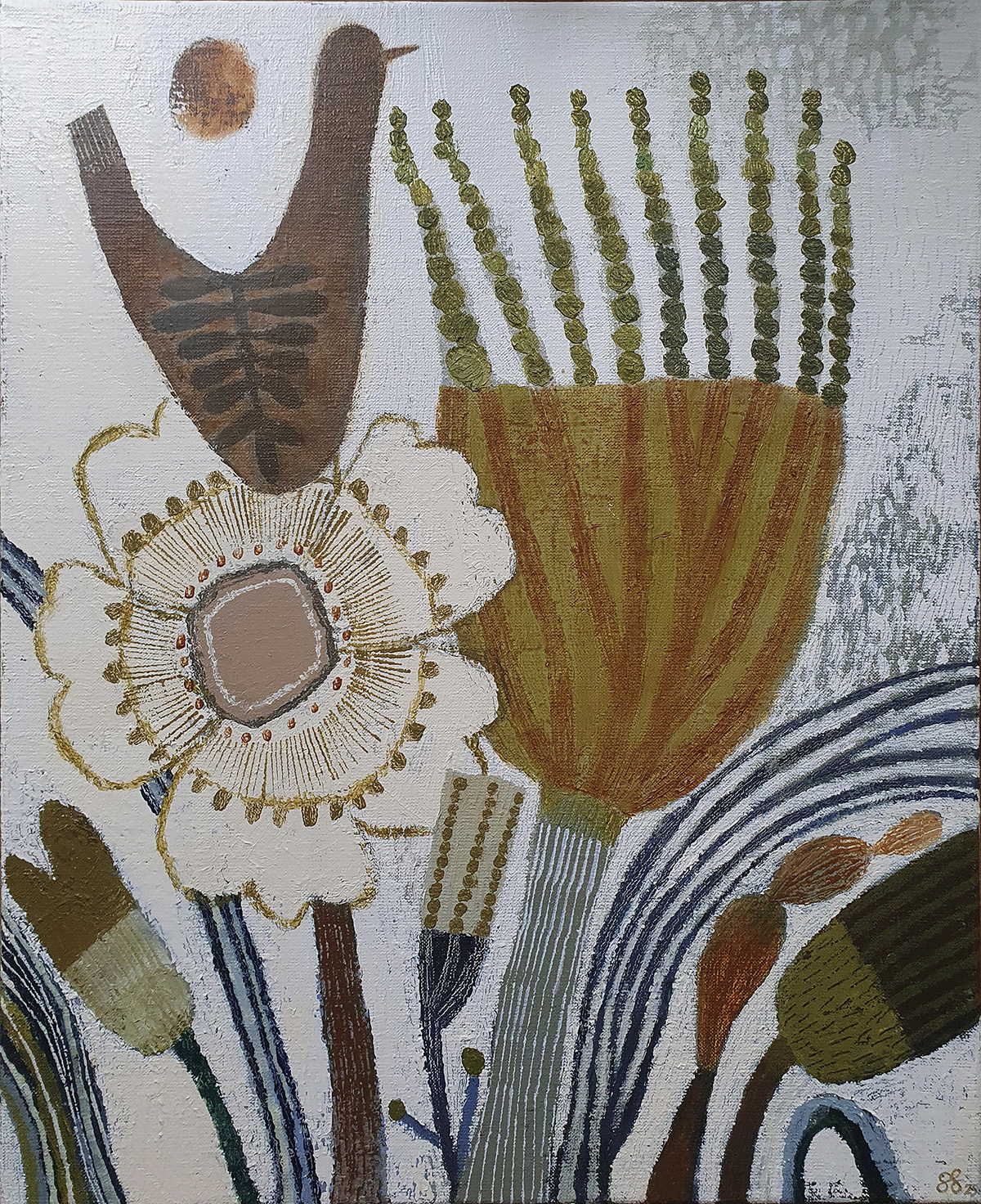 Abstrakti maalaus linnusta ja kukista