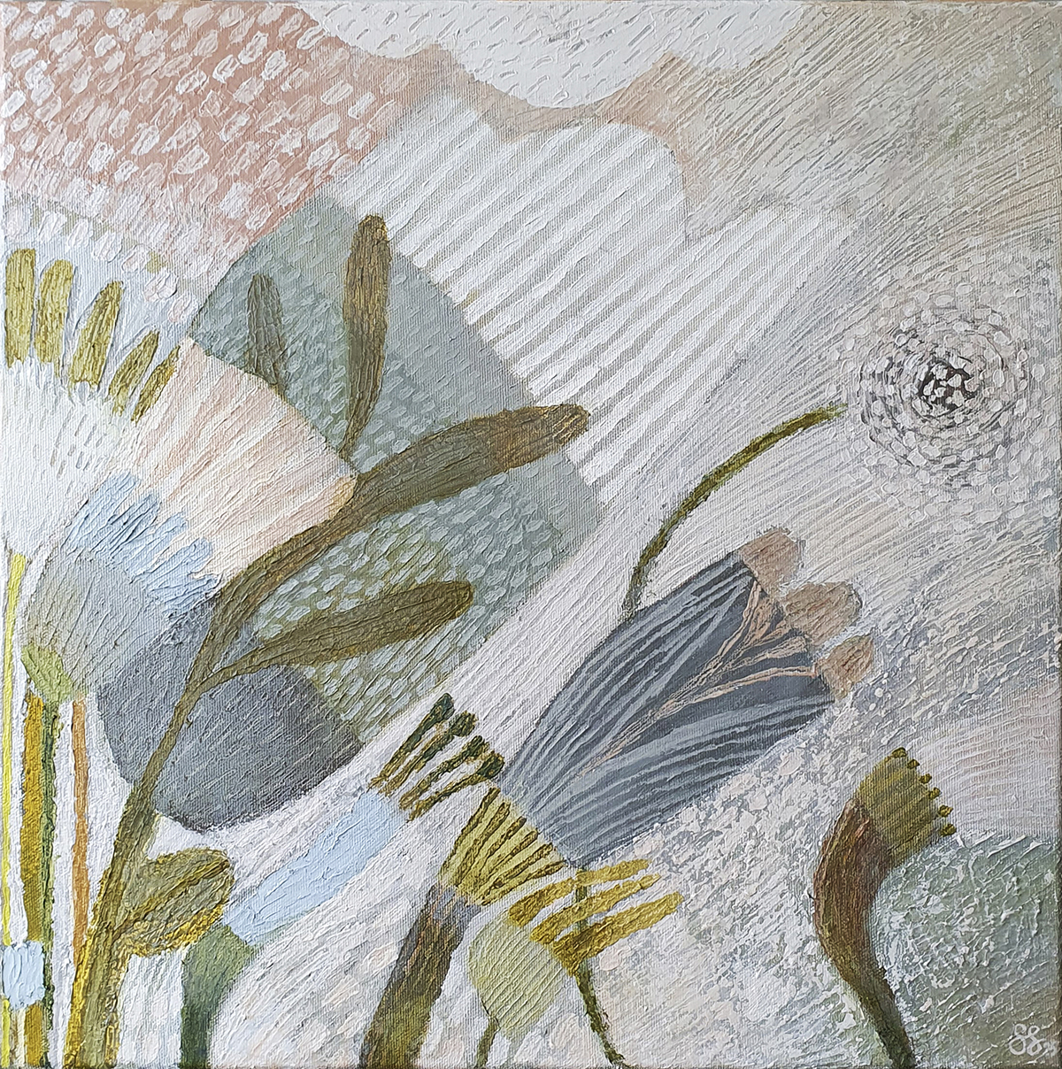 Abstrakti kukkaismaalaus pehmeissä sävyissä