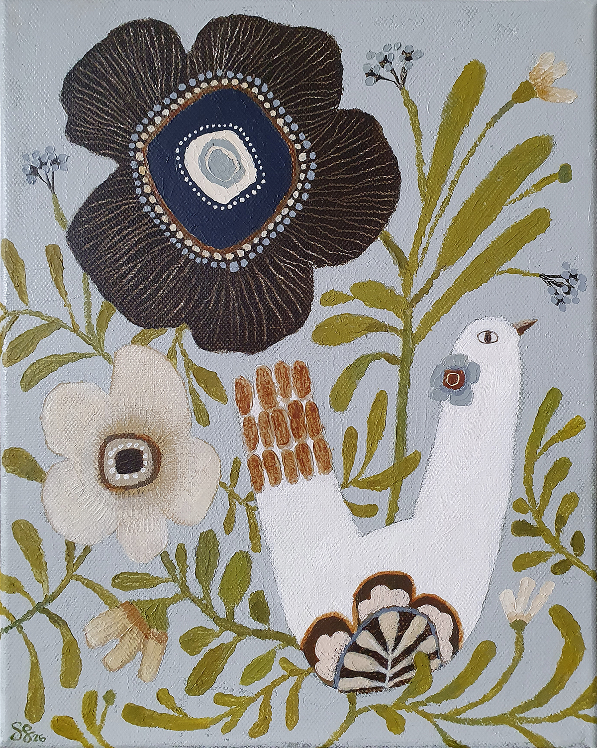 Kuvioitu kukka ja lintu koristeellisessa maalauksessa