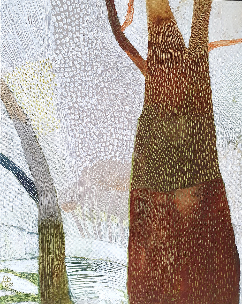 Abstrakti maalaus puista ja kuvioista